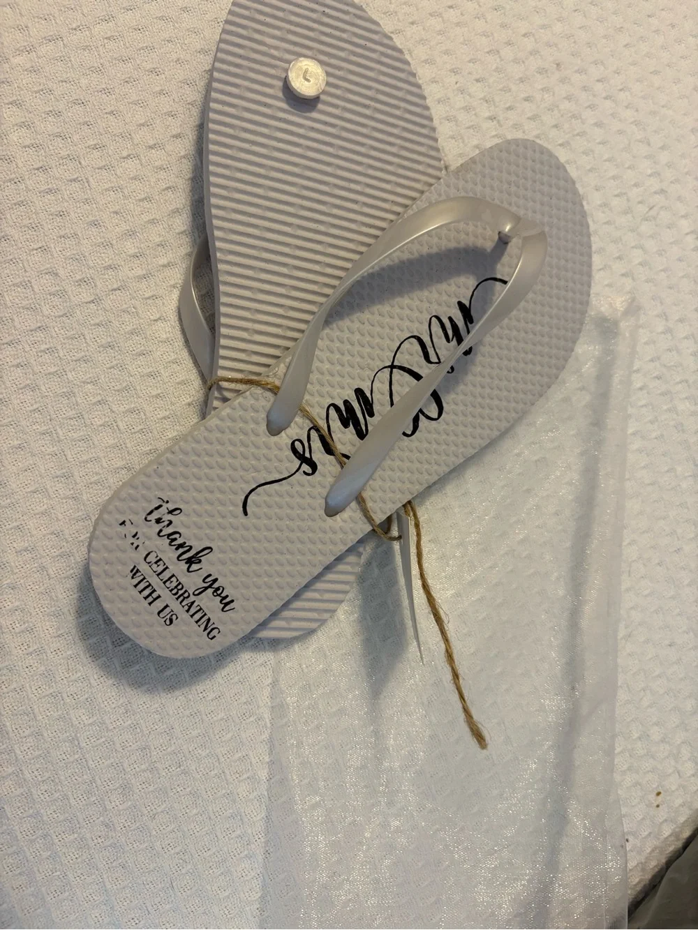 White Thank You Bride Flip Flops with Script Detail